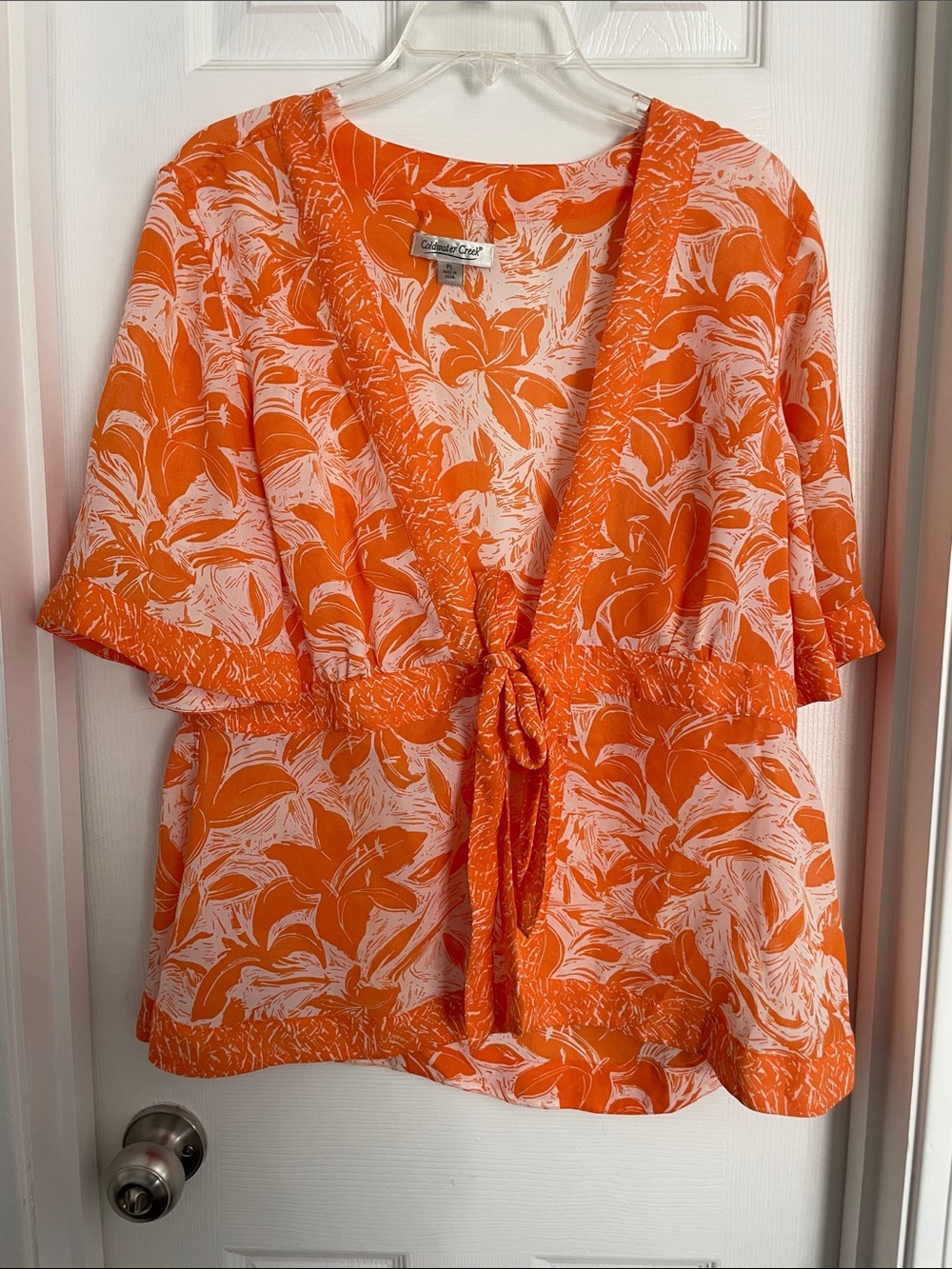 Coldwater Creek Orange and White Floral Tie-Front Blouse Cardigan  Boho Shawl